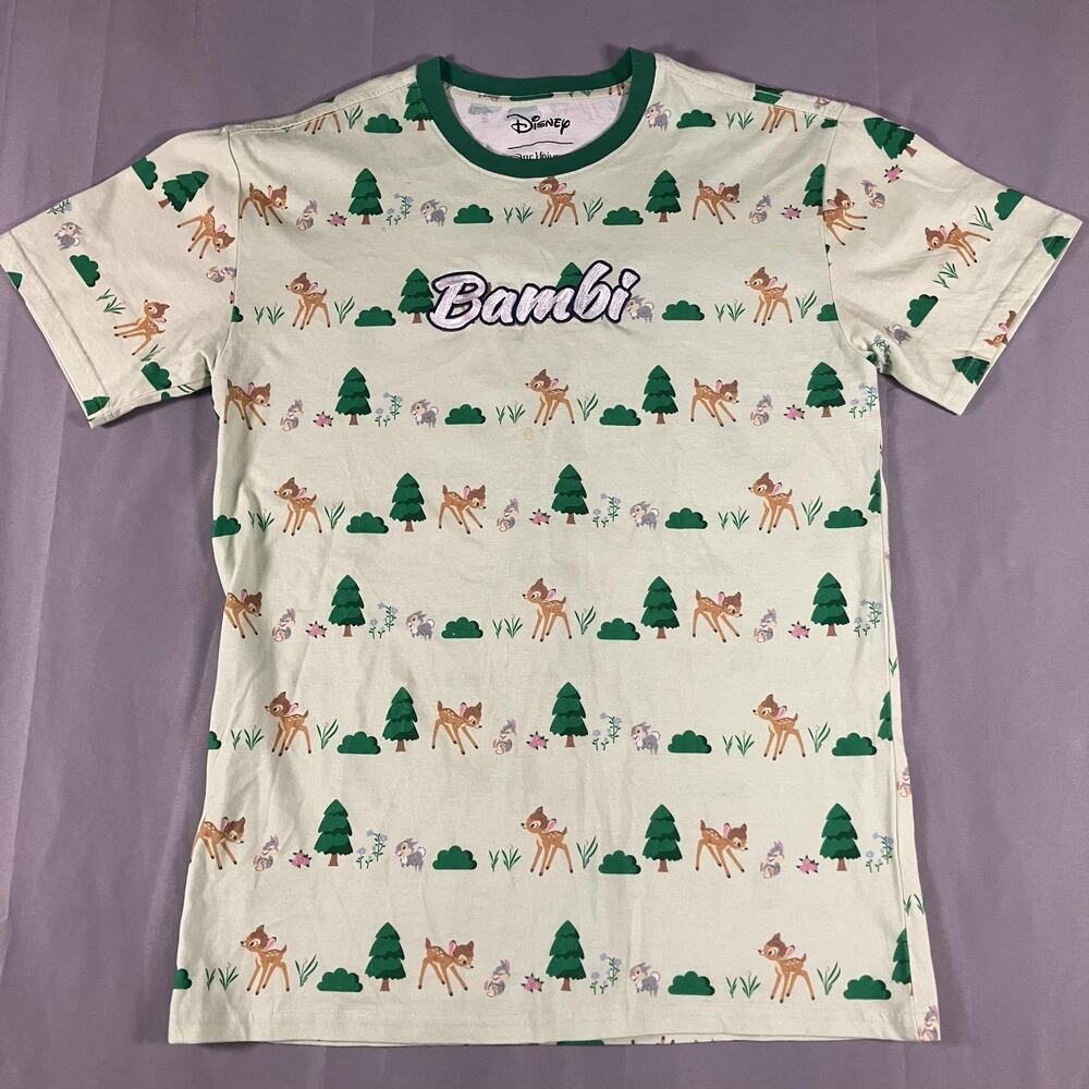 Disney Our Universe Bambi Shirt‎ Womens XS Green Allover Print Ringer Tee